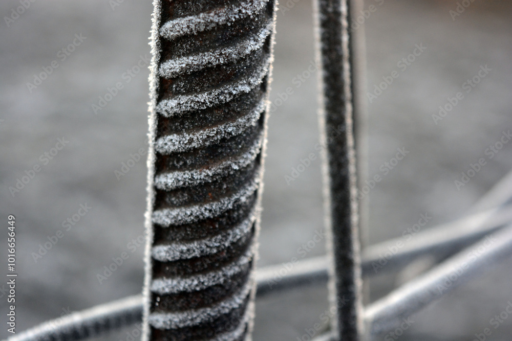 Unusual and bright nature of autumn and winter, early nature. Bright white frost on metal backgrounds, objects, wooden materials. Unusual and bright nature of autumn and winter, early nature. Bright white frost on metal backgrounds, objects, wooden materials.