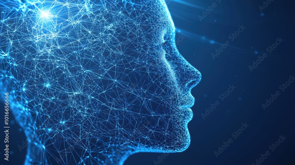 Obraz premium Digital Human: Networked Face with Glowing Lines