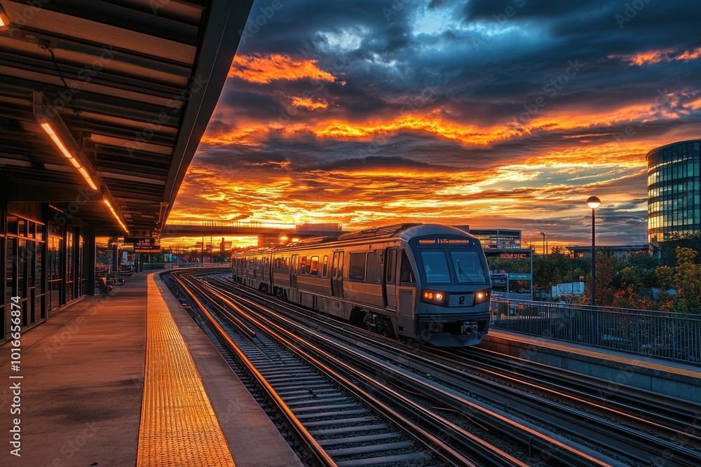 Obraz premium A train moving towards the setting sun.