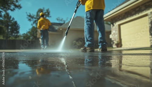 People Power Washing in Front of a Modern House with Reflection on Wet Pavement