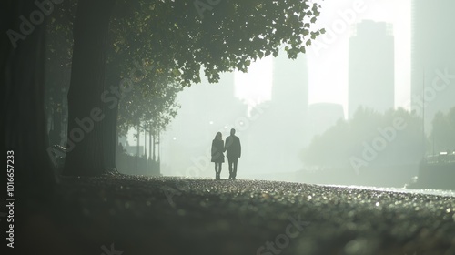 Tranquil Urban Stroll: Couple Walking Hand in Hand along Riverbank with City Skyline in Background - Ultra-Realistic Street Photography