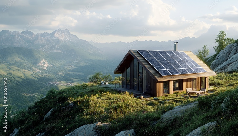 A Manually Constructed Little Cabin in Mountainous Terrain with Clear Sky A Manually Constructed Little Cabin in Mountainous Terrain with Clear Sky