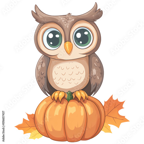 A cute cartoon owl sitting on a pumpkin surrounded by autumn leaves, perfect for fall-themed decor and seasonal illustrations. photo