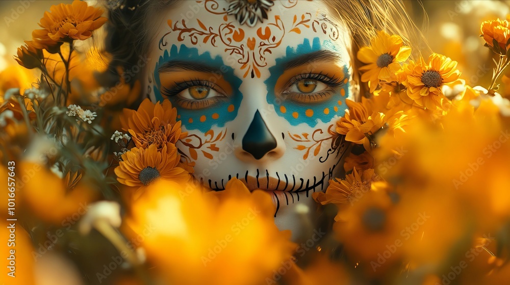 A woman with a face painted like a skeleton in a field of flowers A woman with a face painted like a skeleton in a field of flowers