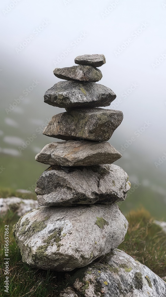 A serene stack of stones on a misty landscape, symbolizing balance and tranquility in nature. A serene stack of stones on a misty landscape, symbolizing balance and tranquility in nature.