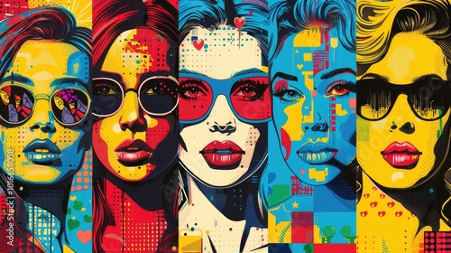 Five stylish women with sunglasses in a colorful pop art style.