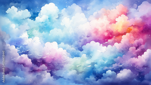 Colorful watercolor cloudscape with pastel tones and dreamy sky