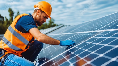 A man in an orange hard hat and safety vest working on a solar panel