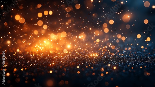 Abstract background with sparkling golden bokeh lights on a dark blue surface.