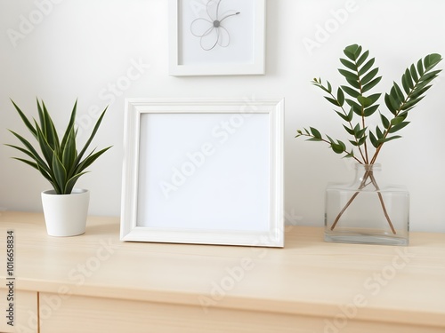 Minimal White Frame on Plain Wooden Desk with Soft Lighting