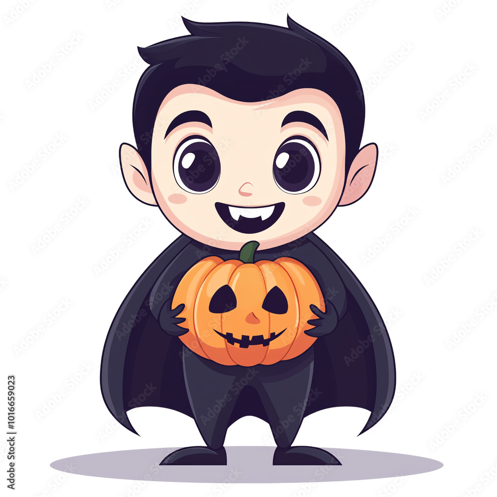 Cute vampire character holding a carved pumpkin, perfect for Halloween themed designs and kids' illustrations. Cute vampire character holding a carved pumpkin, perfect for Halloween themed designs and kids' illustrations.
