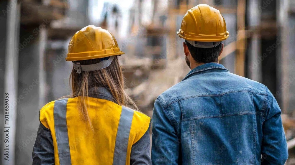 back view Group of male and female engineer construction working together at construction site. Foreman construction working at construction site back view Group of male and female engineer construction working together at construction site. Foreman construction working at construction site