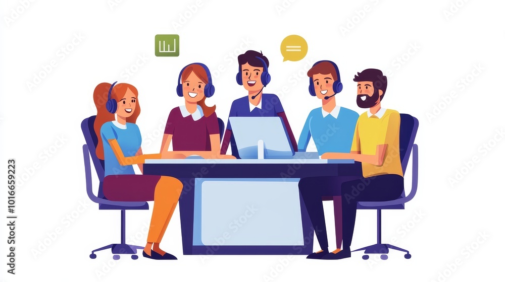 Team collaboration in concept of work calls and business communication. Operators at helpdesk and customer support center speaking with clients. Flat vector illustration isolated on white background. Team collaboration in concept of work calls and business communication. Operators at helpdesk and customer support center speaking with clients. Flat vector illustration isolated on white background.