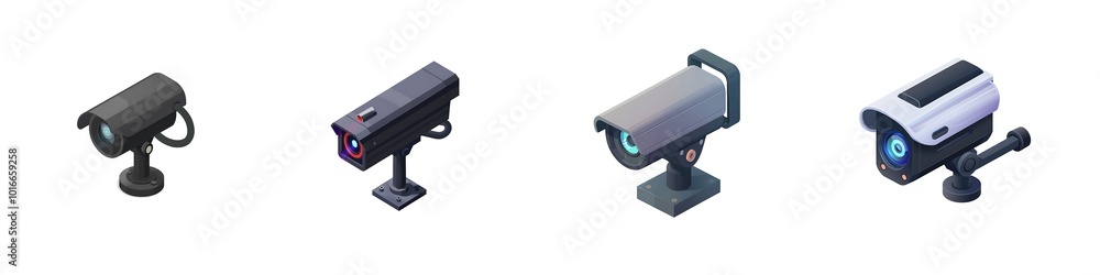 Set of 3D CCTV Security Camera Isolated on Transparent Background, Surveillance System, Video Control Equipment, Multiple Angles, Set of 3D CCTV Security Camera Isolated on Transparent Background, Surveillance System, Video Control Equipment, Multiple Angles,