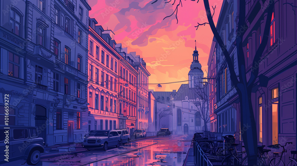 Naklejka premium European City Street Sunset Dusk Urban Landscape
