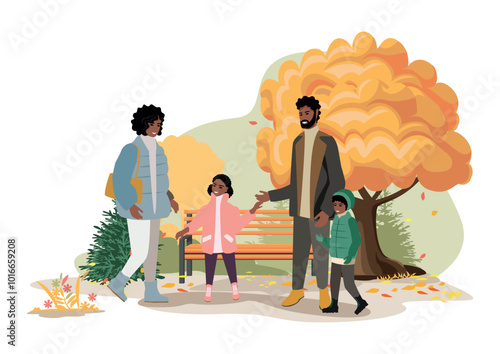 Happy family with two children walking in autumn park. Active lifestyle. Beauty of autumn nature. Vector illustration on abstract background.