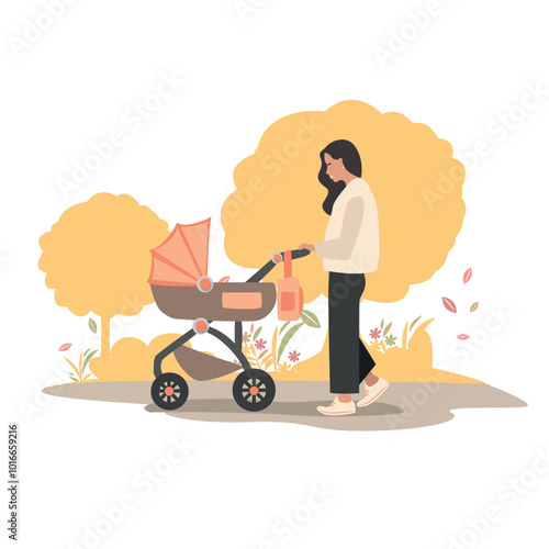 Happy mother walking with a stroller in the autumn park. Active lifestyle. Beauty of autumn nature. Vector illustration on an abstract background.