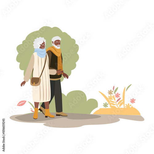 Happy elderly couple walking in autumn park. Active lifestyle. Beauty of autumn nature. Vector illustration on abstract background.