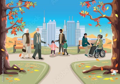 People of different ages and nationalities walk in the autumn park. Families with children, elderly and young couples, friends spend time together. Vector horizontal illustration.