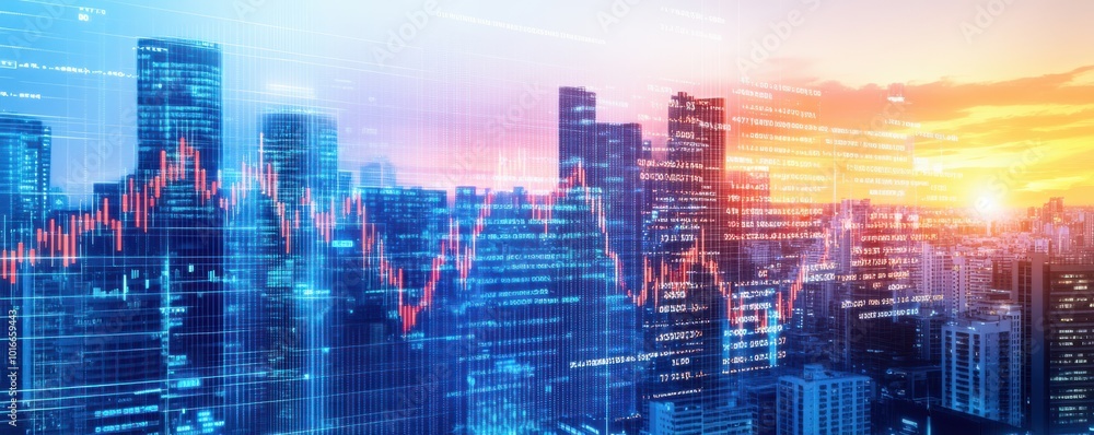 Dynamic city skyline with a blend of financial graphs and vibrant sunset, symbolizing growth and technology in urban landscapes. Dynamic city skyline with a blend of financial graphs and vibrant sunset, symbolizing growth and technology in urban landscapes.