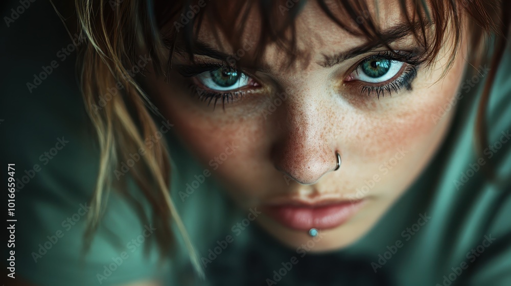 An intense close-up portrait of a person with striking blue eyes and facial piercings, capturing a moment of intense observation, and showcasing emotional depth. An intense close-up portrait of a person with striking blue eyes and facial piercings, capturing a moment of intense observation, and showcasing emotional depth.