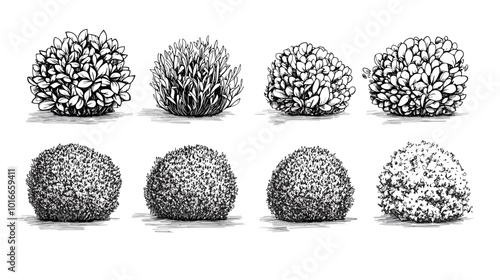 Set of vector bush illustrations on a white background. Architectural Drawings, Minimal style cad bush drawing, Side view, set of graphics bushes elements outline symbol for landscape design drawing