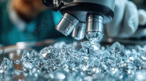 A detailed close-up shot of multiple sparkling diamonds being examined under a microscope, emphasizing clarity and brilliance, symbolizing luxury and precision.