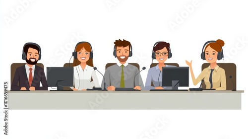 Team collaboration in concept of work calls and business communication. Operators at helpdesk and customer support center speaking with clients. Flat vector illustration isolated on white background.