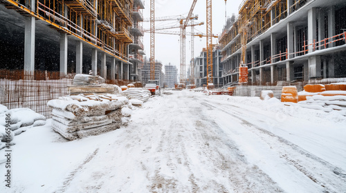 Snow-covered construction site with cranes and building materials near partially constructed buildings.