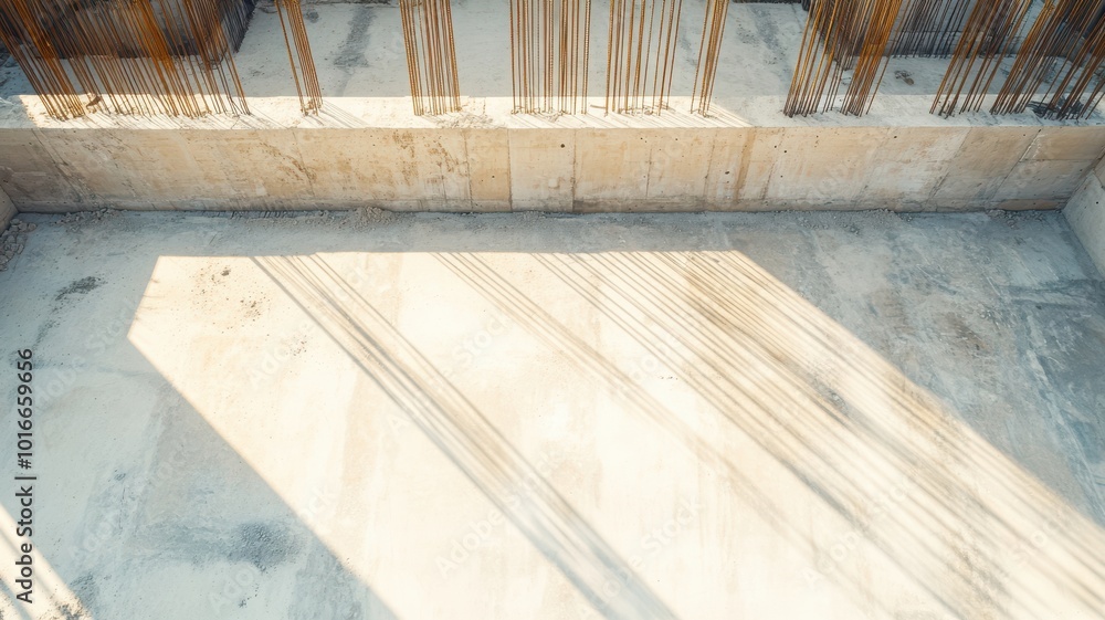 Aerial view of an unfinished concrete structure with rebars, showcasing industrial design and construction theme. Aerial view of an unfinished concrete structure with rebars, showcasing industrial design and construction theme.