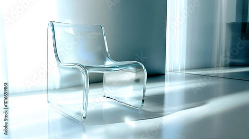 Transparent Glass Chair Reflecting Light in Bright Open Space