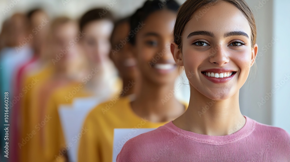 A diverse group of young people registering to vote at a community event, warm lighting, sideangle shot A diverse group of young people registering to vote at a community event, warm lighting, sideangle shot