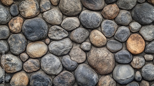 Textured stone wall background in shades of gray and brown, featuring round stones of varying sizes. Enhance your designs with nature-inspired elements.