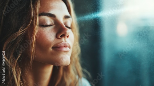 Wallpaper Mural A peaceful woman leans by a window, eyes closed, gently basking in the soft sunlight. Her expression reflects inner calm amidst the serene atmosphere. Torontodigital.ca