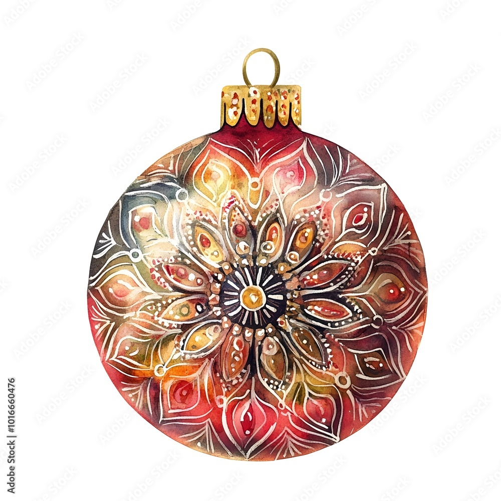 Boho Christmas Bauble Ornament Decorated with Vibrant Mandala Patterns and Warm Watercolor Tones Isolated on White Background Boho Christmas Bauble Ornament Decorated with Vibrant Mandala Patterns and Warm Watercolor Tones Isolated on White Background