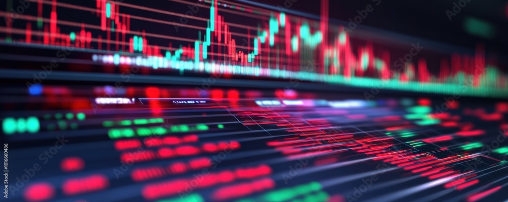 Fototapeta premium Futuristic financial chart showcasing stock market trends with vibrant red and green indicators on a dark background.