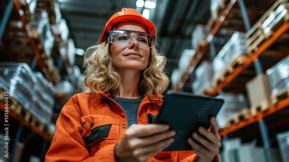 A focused female worker in safety attire utilizes a tablet amidst a spacious warehouse, efficiently managing inventory and ensuring optimal logistics. A focused female worker in safety attire utilizes a tablet amidst a spacious warehouse, efficiently managing inventory and ensuring optimal logistics.