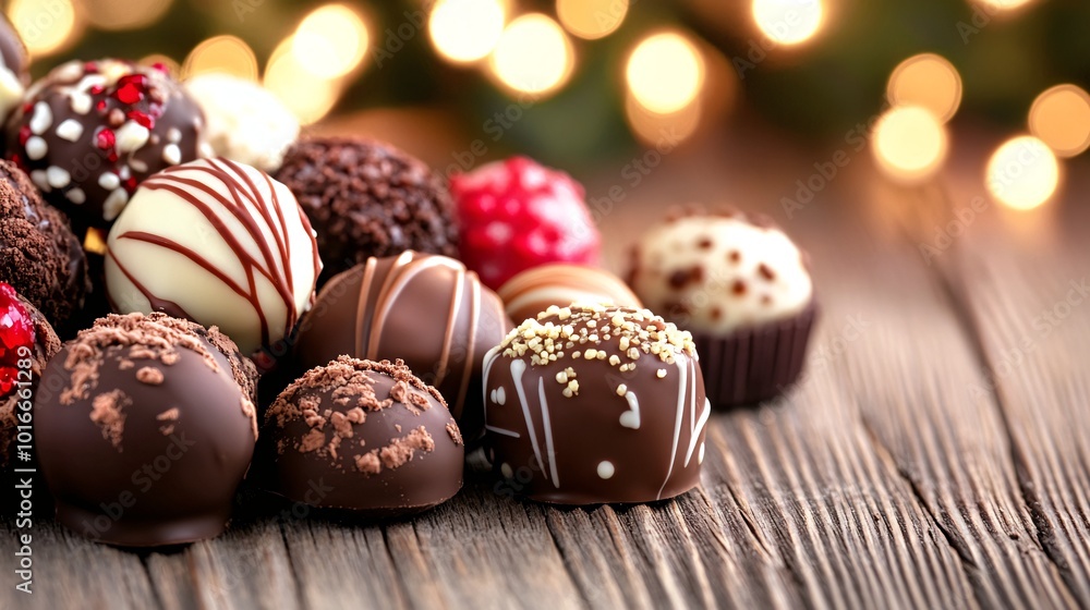 Obraz premium Festive Chocolate Treats on Wooden Table with Warm Holiday Lighting