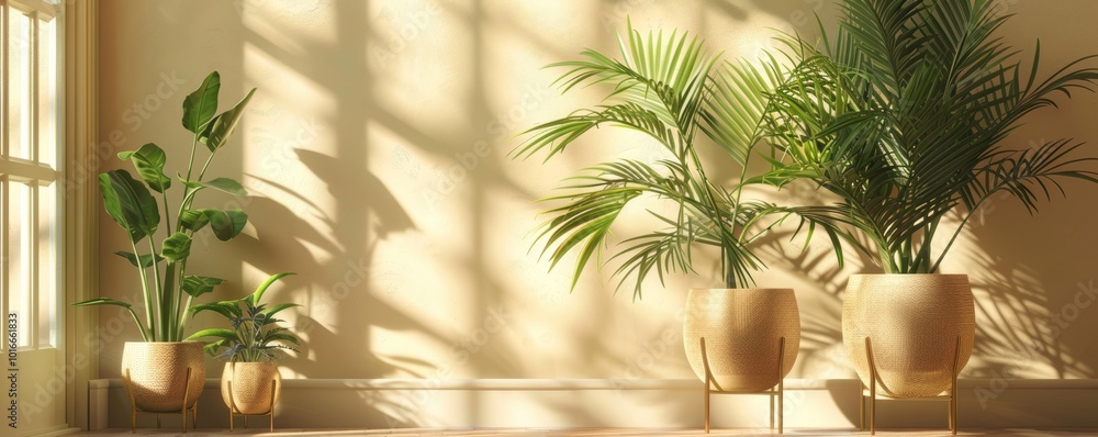 Sunlit Room with Modern Indoor Plants in Stylish Pots Against a Beige Wall Sunlit Room with Modern Indoor Plants in Stylish Pots Against a Beige Wall