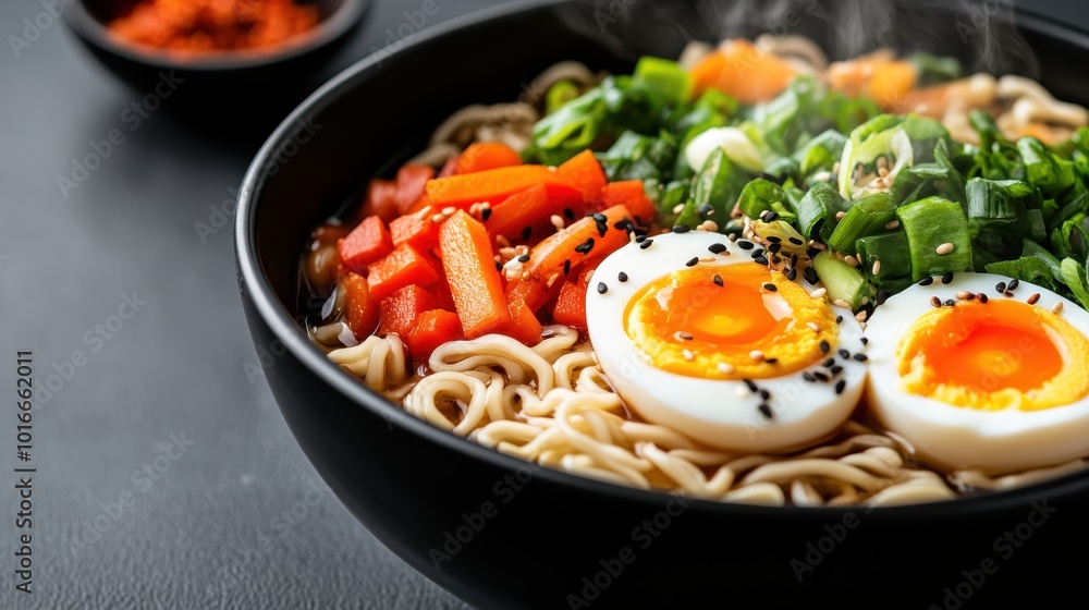 This enticing ramen bowl showcases perfectly cooked noodles, a soft egg, green onions, vibrant vegetables, accented with sesame seeds on a modern black surface. This enticing ramen bowl showcases perfectly cooked noodles, a soft egg, green onions, vibrant vegetables, accented with sesame seeds on a modern black surface.