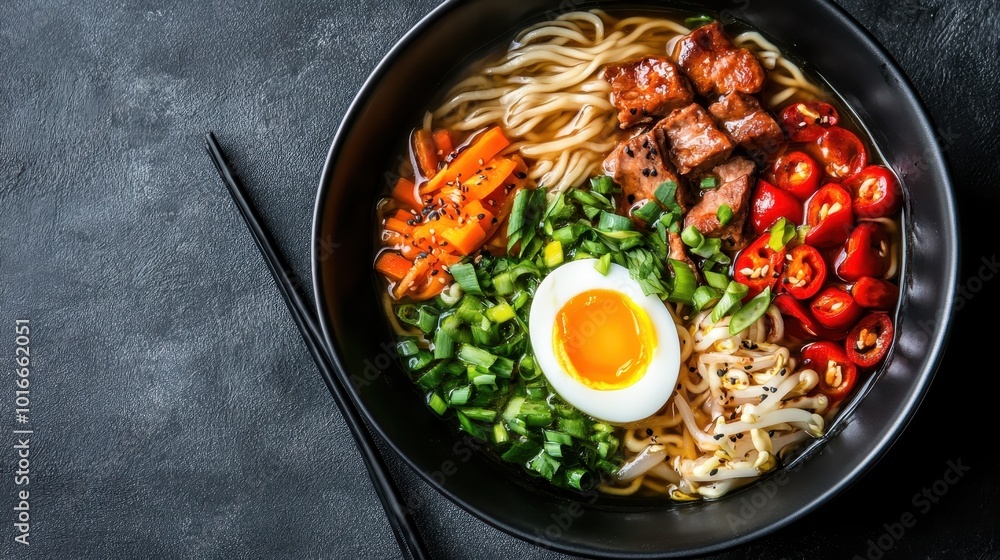 A rich, comforting bowl of ramen is complemented with a soft egg, tender beef, fresh vegetables, and spicy accents, showcasing a delightful culinary masterpiece. A rich, comforting bowl of ramen is complemented with a soft egg, tender beef, fresh vegetables, and spicy accents, showcasing a delightful culinary masterpiece.