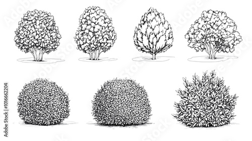 Set of vector bush illustrations on a white background. Architectural Drawings, Minimal style cad bush drawing, Side view, set of graphics bushes elements outline symbol for landscape design drawing