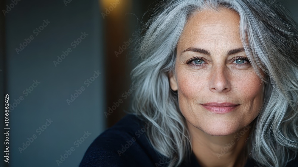 © svastix - A captivating portrait of an elegant mature woman with vibrant gray hair, exuding confidence and poise. Her serene expression adds depth to the imagery's beauty. © svastix - A captivating portrait of an elegant mature woman with vibrant gray hair, exuding confidence and poise. Her serene expression adds depth to the imagery's beauty.