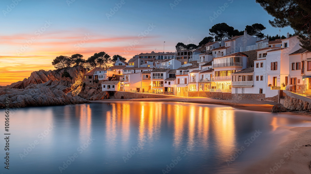 Fototapeta premium Scenic coastal village at sunset with illuminated houses reflecting in calm waters, rocky shoreline, and pine trees on a hillside.