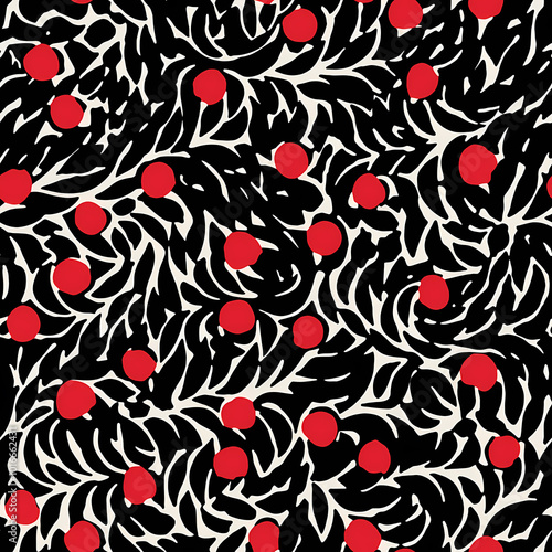 Abstract Floral Red Cherry Pattern on Black Background