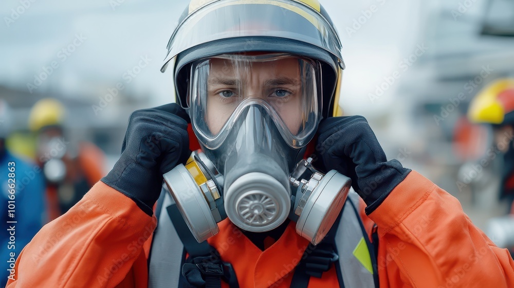 A close-up of a firefighter adjusting a protective gas mask, showcasing safety gear and readiness in emergency situations. A close-up of a firefighter adjusting a protective gas mask, showcasing safety gear and readiness in emergency situations.