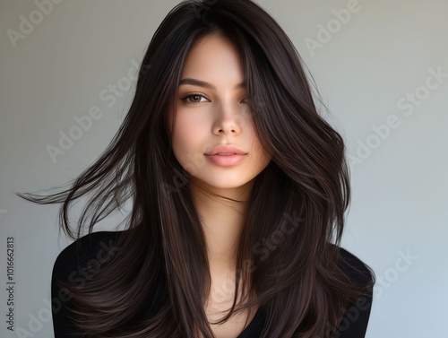 A woman with long brown hair is posing for a picture