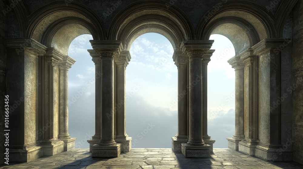 Fototapeta premium Three architectural frames stand in the center of the pillar.