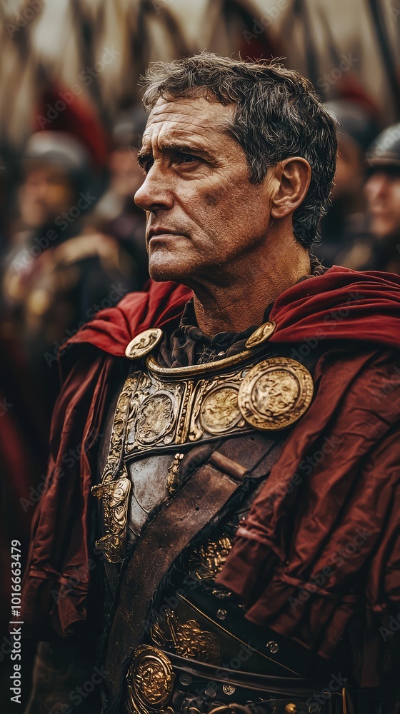 A stoic Roman general in ornate armor and crimson cloak, conveying strength and leadership amidst a historic battlefield. A stoic Roman general in ornate armor and crimson cloak, conveying strength and leadership amidst a historic battlefield.