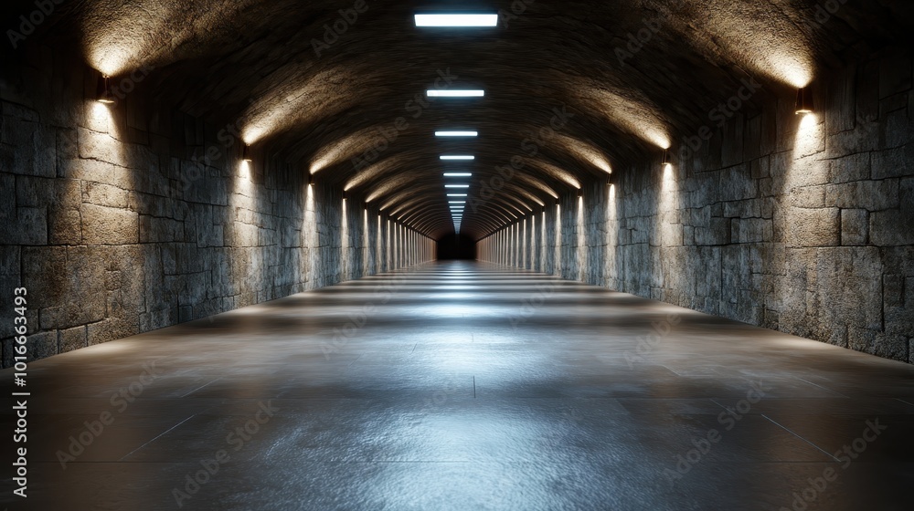 A mysterious, dimly lit tunnel stretches into darkness, highlighted by symmetrical, arched stone walls and evenly spaced ceiling lights, creating an atmospheric scene.